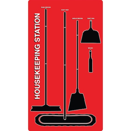 5S Supplies 5S Housekeeping Shadow Board Broom Station Version 11 - Red Board / Black Shadows  With Broom HSB-V11-RED-KIT